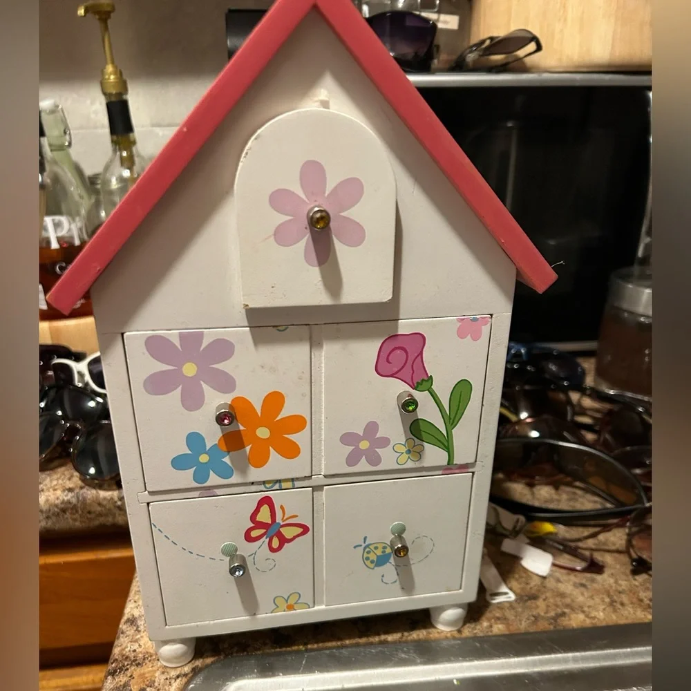 Vintage Y2K Jewelry box butterfly ladybug flowers wooden white pink girls‎